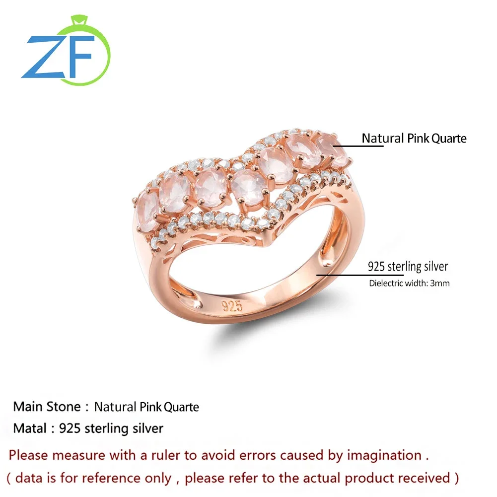 GZ ZONGFA Natural Pink Quarte 1.5 Carats Gemstone V Shape Finger Ring for Women Genuine 925 Sterling Silver Fine Jewelry Gifts