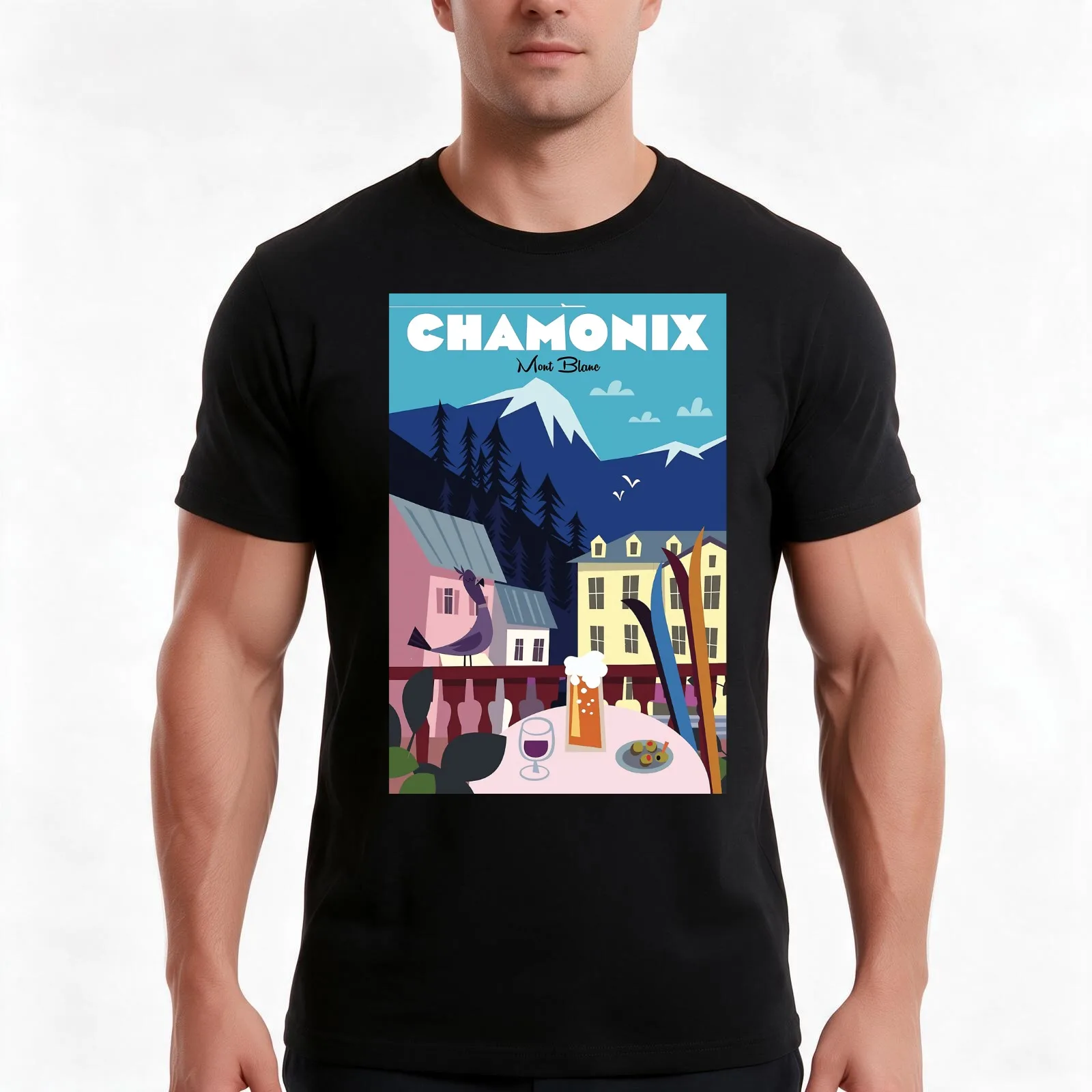 Chamonix Mont Blanc T-Shirt, Summer Casual Cotton Tee, Oversized Streetwear Tops, Vintage Graphic Print, Loose Fit Short Sleeve