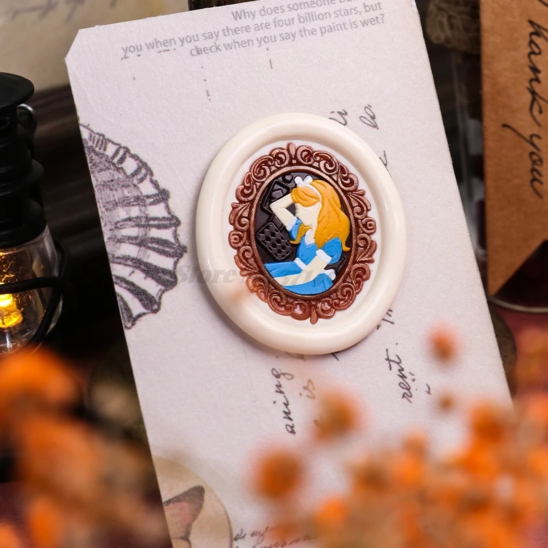 Alice Wonderland Brass Wax Seal Stamp Head Featuring Alice & White Rabbit Magic Book Teapot Poker Key Clock Pattern
