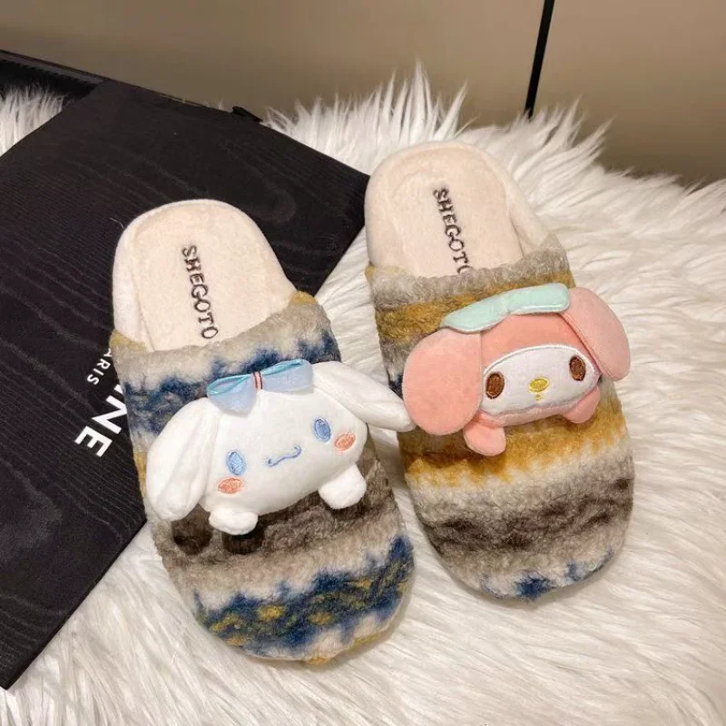 Sanrio autumn and winter Melody cute warm home women's shoes big-eared dog cartoon non-slip thick-soled plush cotton slippers