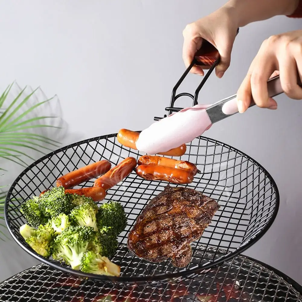 

Foldable Steel Carbonl Grill Basket Perforated Heat-Resistant Grilled Vegetable Net Non Stick Round Barbecue Pan Home