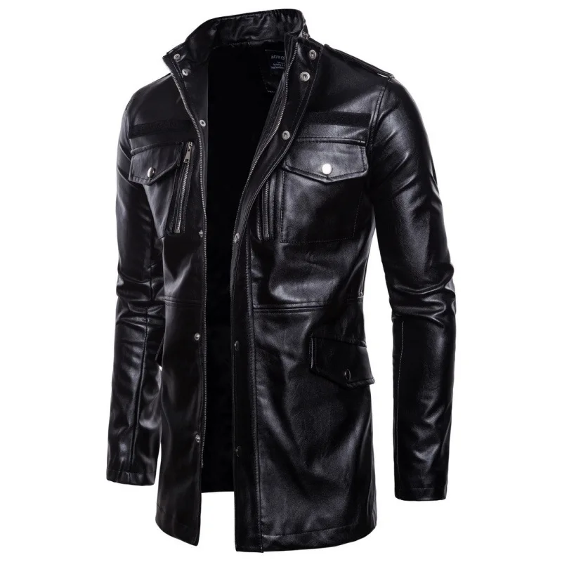 

Autumn Winter New Style Pure Color Men's Leather Jacket Medium Length Stand Collar Four Pocket Motorcycle 2026 Casual Outerwear