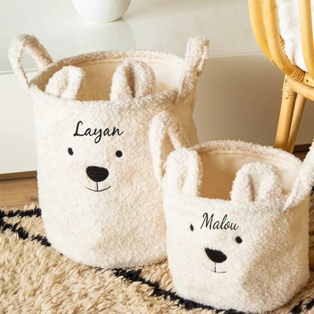 

Embroidered Bear Head Lamb Hair Canvas Storage Basket Toy Snack Storage Basket Personalized Custom Cloth Storage Dirty Cloth Bag