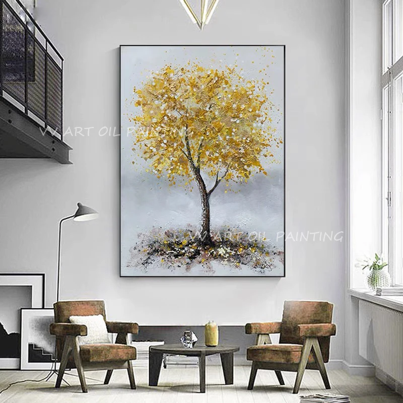 

100% Handmade Gold Foil Tree Landscape Oil Painting Modern Abstract Wall Art Picture Canvas Nordic Decor Unframed