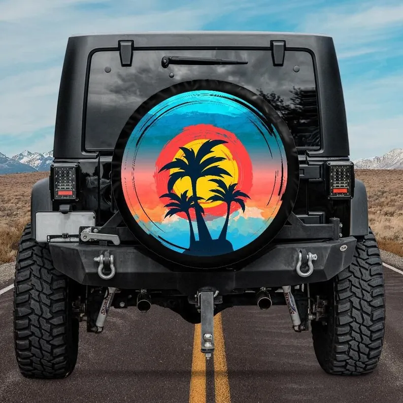 Spare Tire Cover, Beach Summer Palm Trees, Tire Cover, Car accessories, girl, Accessories, Summer Vibe