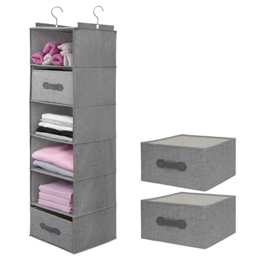 

Large Hanging Sweater Organizer for ClosetCollapsible Hanging Closet Shelves Drawers Washable Grey--2 d