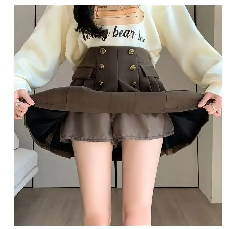 Tweed Geplooide Rok Korte Herfst Winter Half-Body Rok Hoge Taille Dubbele Rij Knopen Mode A-Woord Korte Rok Vrouwen Met Laarzen