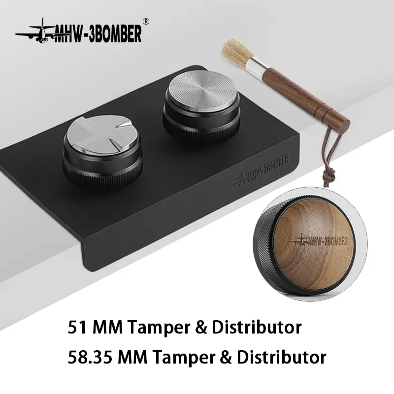 MHW-3BOMBER 51/53/58mm 에스프레소 탬퍼 및 커피 디스트리뷰터(탬핑 매트 및 청소 브러시 ​​세트 포함) 전문 레벨러 도구