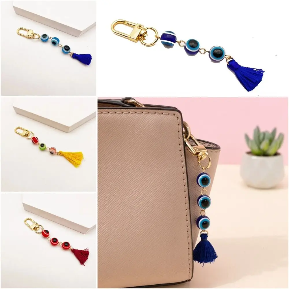 Turkish Blue Eye Lucky Turkish Evil Eye Keychain Backpack Charms Durable Colorful Tassel Pendant Resin Beads Demon Eye Keyring