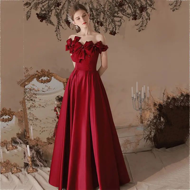 

Korejpaa Evening Dresses Women Party Dress 2024 New Off Shoulder Sexy Bow Slim High Waist Red Clothes Vestidos De Fiesta