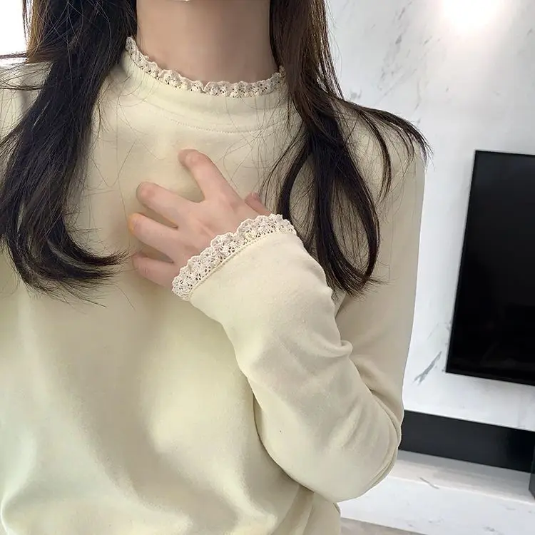 Lace Base Layer Shirt Women's Small Fragrance Style Inner Wear Half High Collar German Velvet Long Sleeve T-Shirt Autumn Wint...