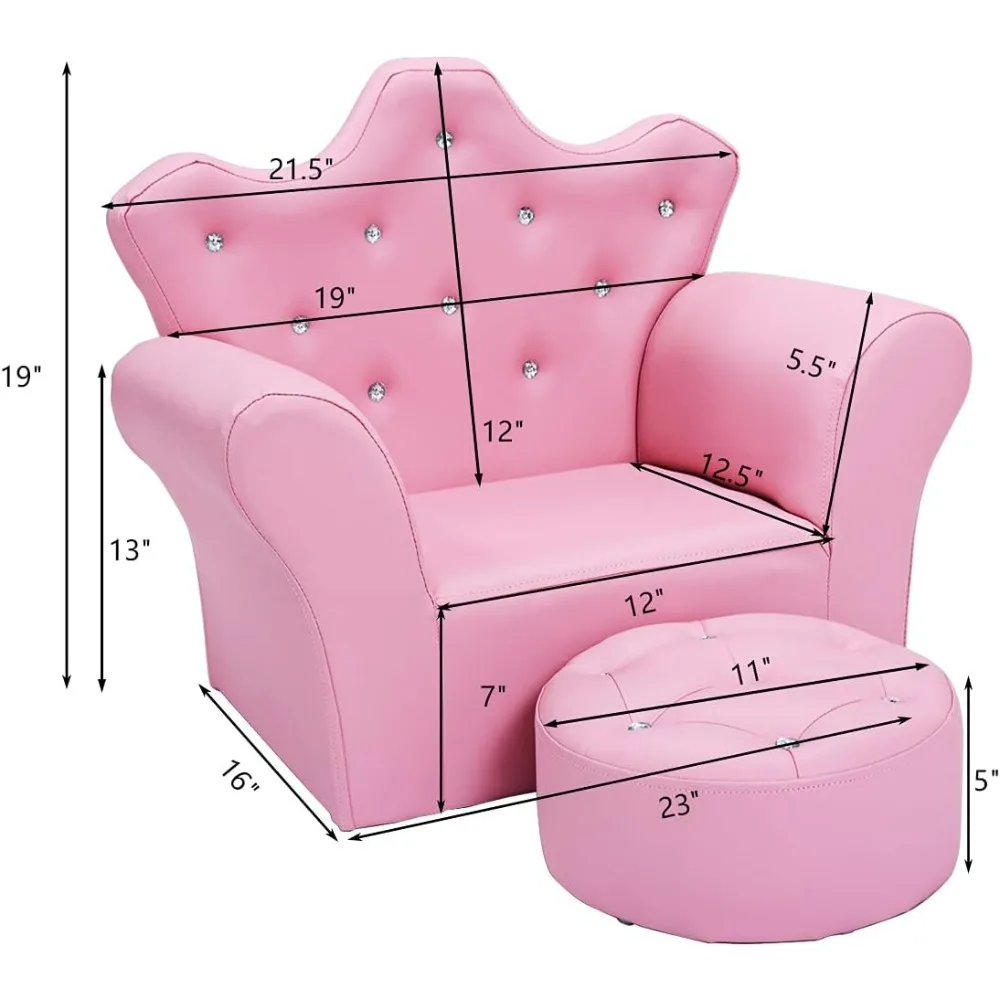 Kids Sofa, Upholstered Sofa with Ottoman, Princess Sofa with Diamond Decoration, PVC Leather Toddler Chair, Gift for Toddlers