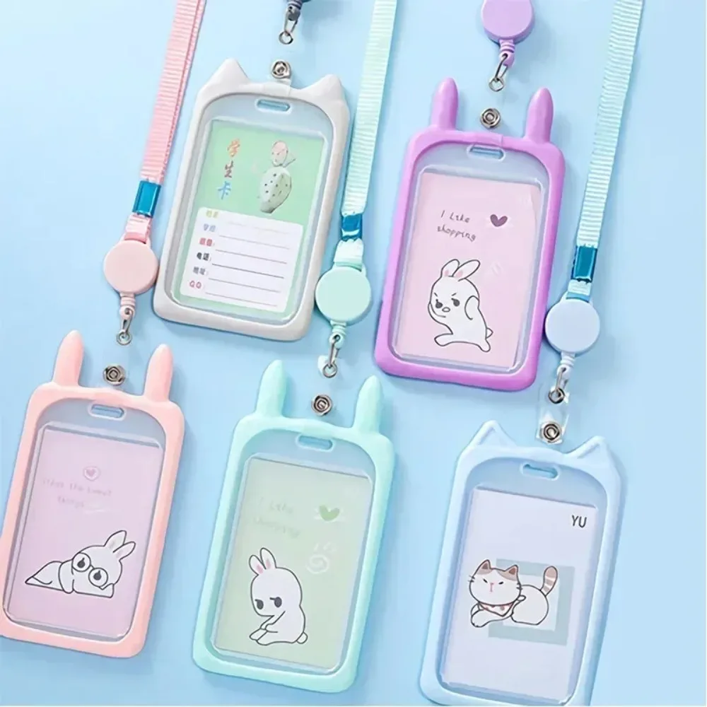 Women Cute Cartoon Cat Ear Kawaii Bank Bus ID Card Holder Wallet Pink Card Cover Case Credit with 40cm Retractable Reel Lanyard
