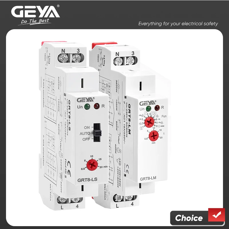 GEYA GRT8-LS/LM Din rail Staircase Timer Switch Corridor Lighting Timer 230VAC 16A 0.5-20mins Delay off Relay Light Switch