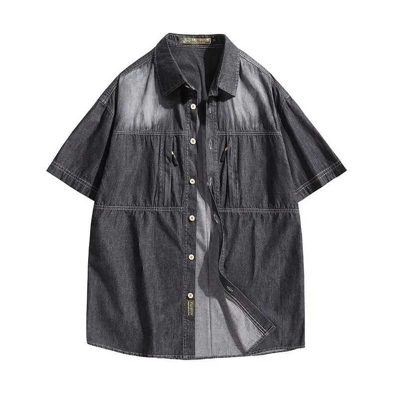 

Men's Summer Denim Workwear Shirt Short-Sleeved Fashionable Washed Casual Top for Men