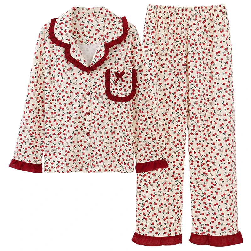 Dames Modale Katoenen Pyjama Set Turn-Down Kraag Pyjama Lange Mouwen Pak Print Dames Nachtkleding Herfst Homewear Home Services