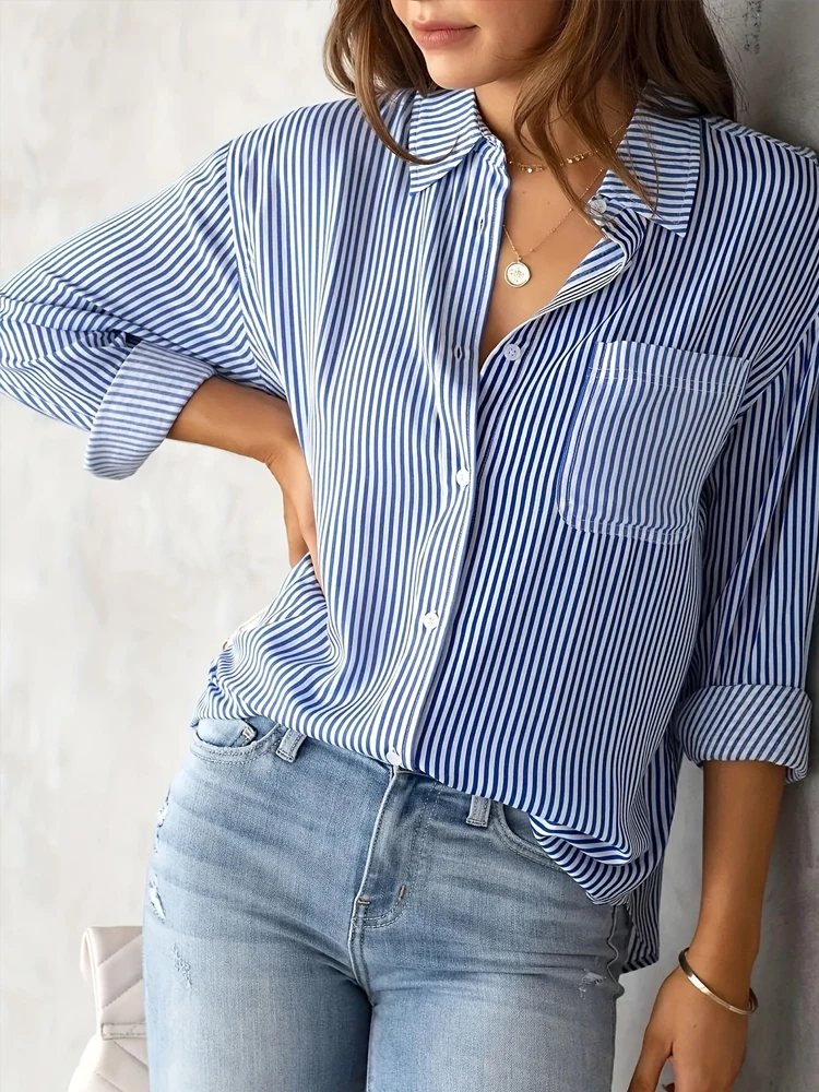 Zadily Dames Gestreept Turn-Down Kraag Button Down Shirt Met Zak Lange Mouw Losse Kantoor 2025 Herfst Blouse Werkkleding