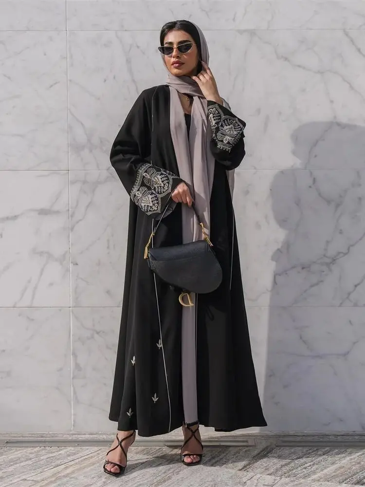 Ramadan Eid Black Embroidery Open Modest Abaya Dubai 2024 Summer Muslim Kimono Abayas For Women Kaftan Dresses Islamic Clothing