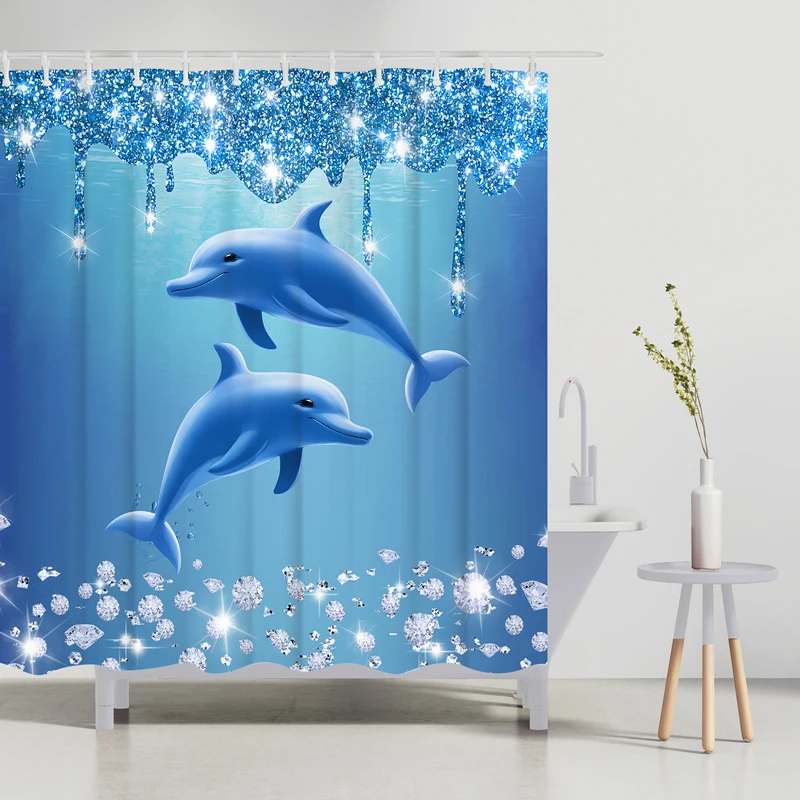 YOMDID 1/4pcs Shining Diamond Dolphin Printed Shower Curtain Set Shower Curtain With Hooks Blue Decorative Bathroom Curtain