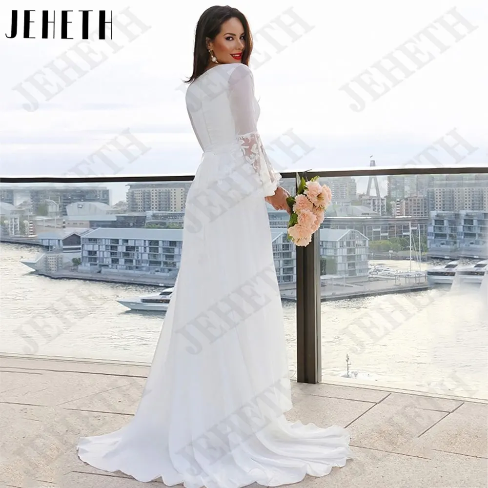 JEHETH Deep V-Neck Chiffon A Line Vestido De Noiva Full Flare Sleeve Apliques Vestido De Noiva Voltar Zipper Custom Made vestidos de noviaJEHETH Deep V-Neck Chiffon A Line Vestido De Noiva Full Flare Sleeve Apliques Ve