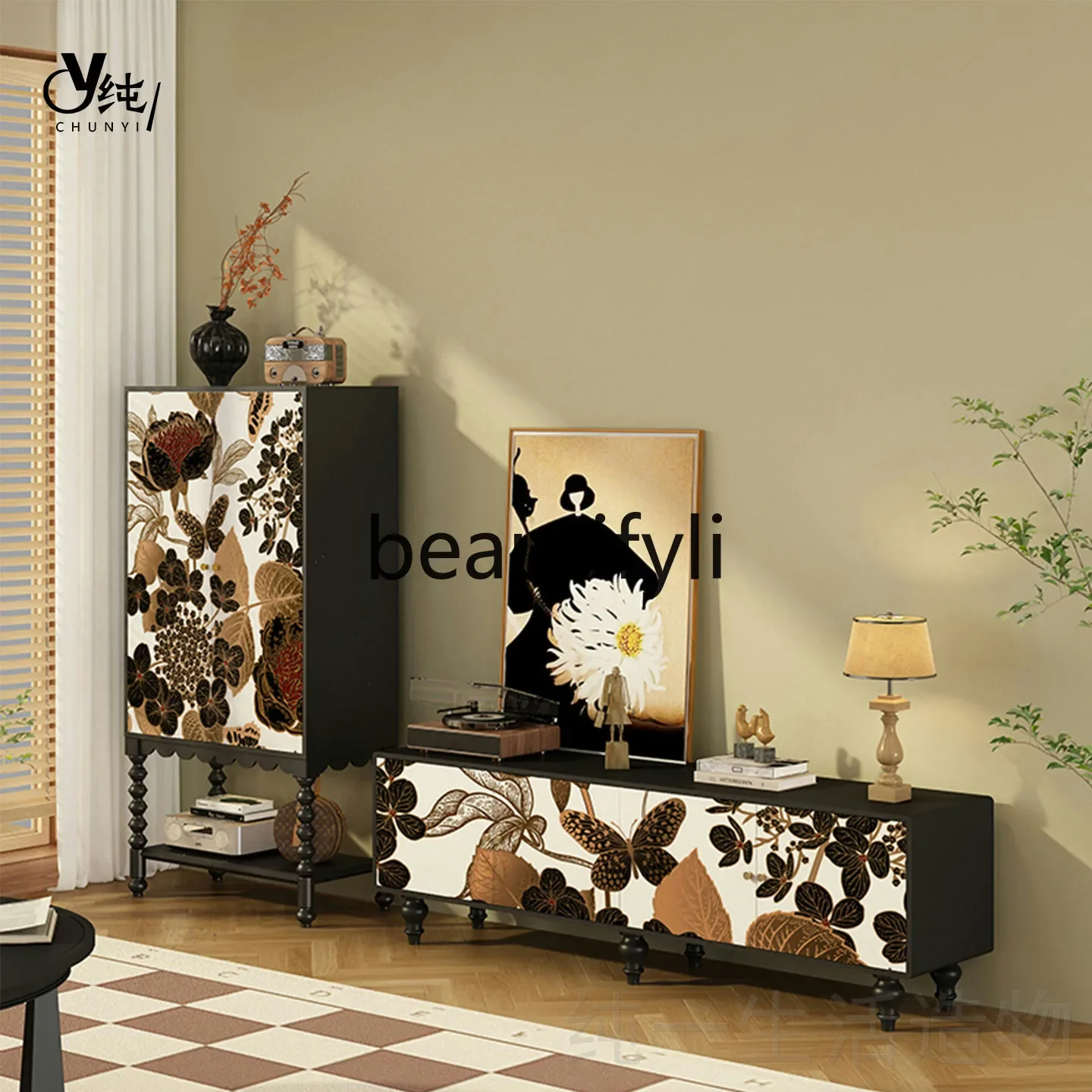 

A32 French Vintage Style Solid Wood High Cabinet Floral TV Cabinet Living Room Storage Decorative Side Cabinet