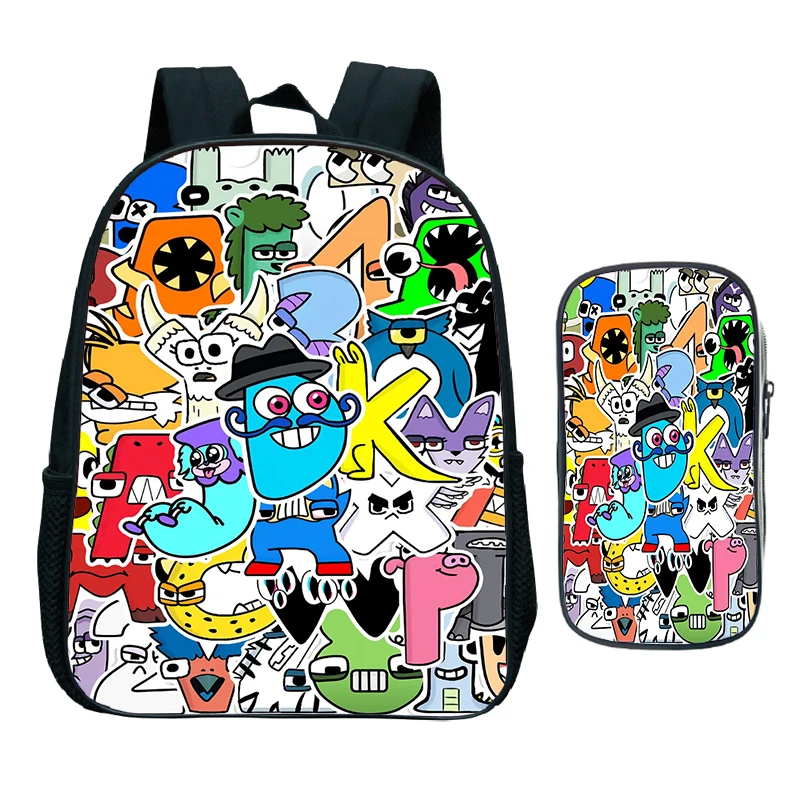 Mochila con estampado de letras para niños y niñas, bolsa para bolígrafos con alfabeto, juego divertido para guardería, mochila escolar de 2 piezas