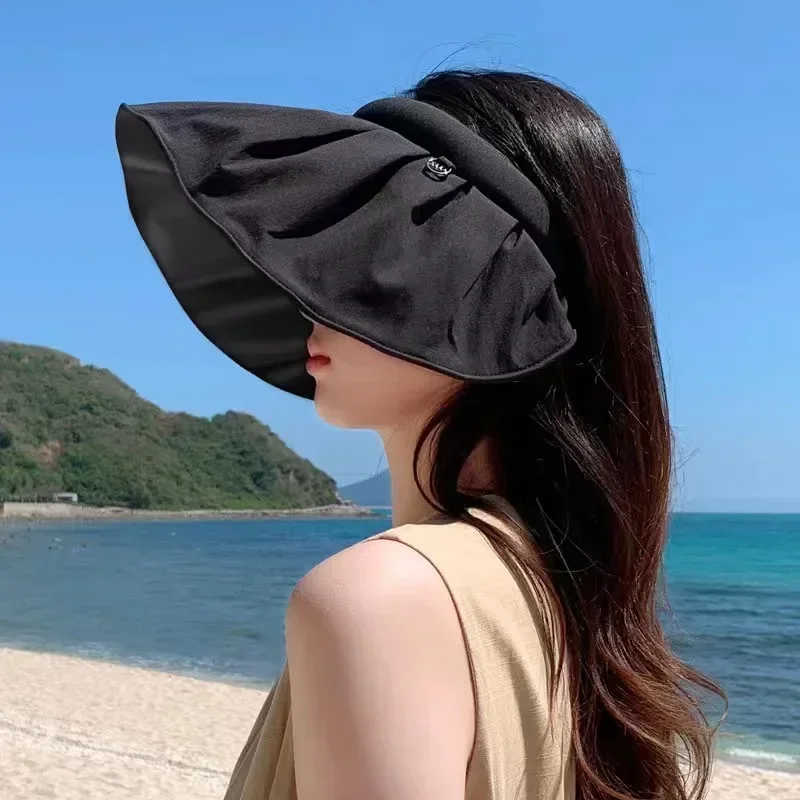 New Large Brim Sun Hats Black Women Glue Sunscreen Sun Protection Caps Fold Portable Hair Hoop Women Hats Caps