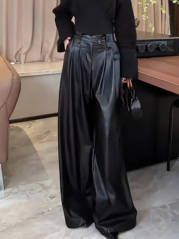 Ele Hong Kong Sle High Waist Straight Leg Bla PU Leather Pants Women's Autumn 2025 Wide Leg Casual Long Trousers