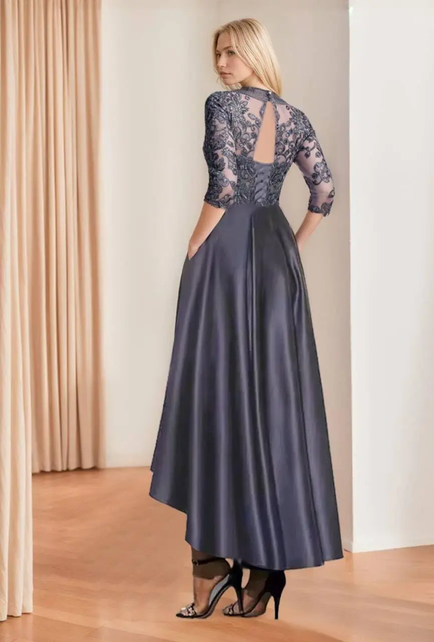 Vestidos para madre de la novia de satén con cuello redondo, manga 3/4, cordones de lentejuelas, vestidos para madre del novio con lazo