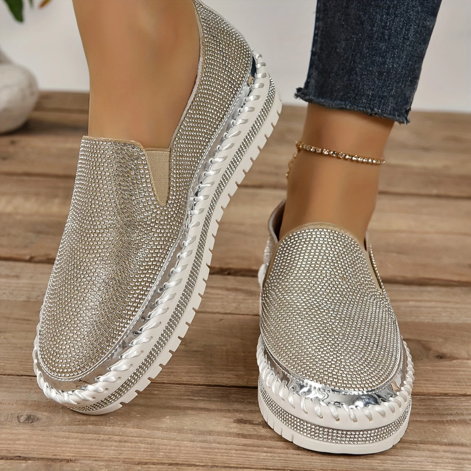 

Women's Rhinestone Loafers - Slip On Comfy Platform Shoes