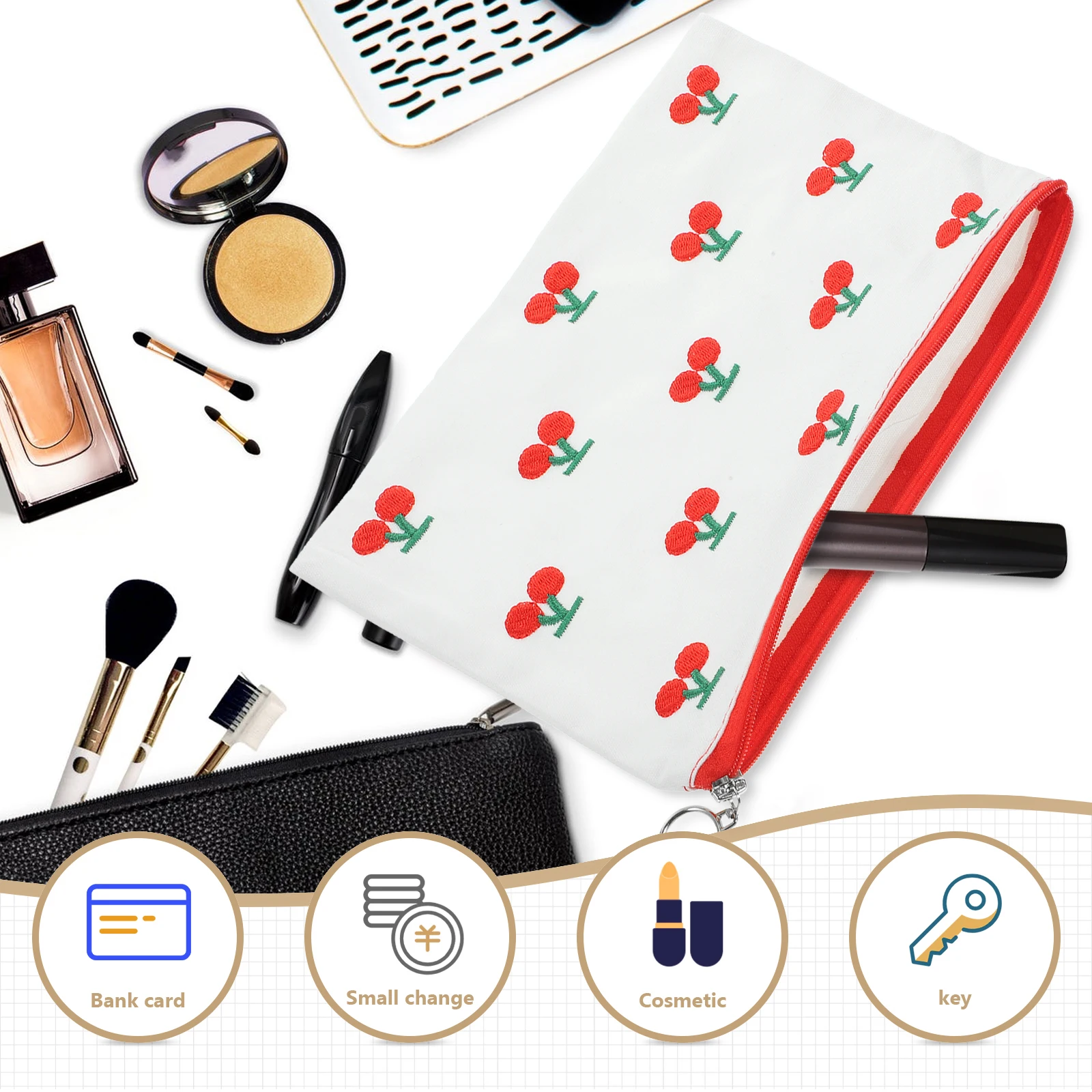 

Cherry Pattern Makeup Travel Cosmetics Pouch Zipper Coin Pouch For Women Portable Storage Organizer Small Lightweight