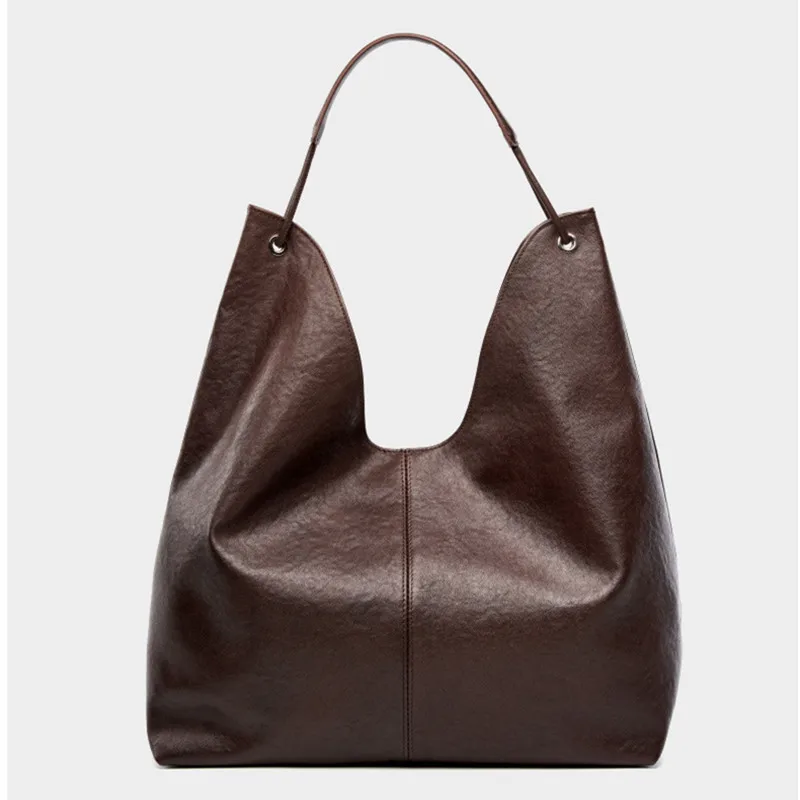 New 2025 Popular Style Casual Huge Winter Tote Vegetable Tanned Cow Leather Women Armpit Shoulder Bag Large Coffee Handbag