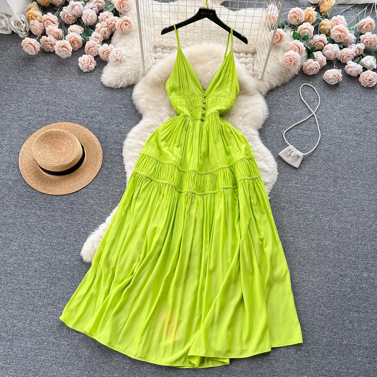 

Croysier Beach Style Holiday Long Dresses Gathered V Neck Spaghetti Strap Summer Maxi Dress Women Elegant Party Dresses Woman