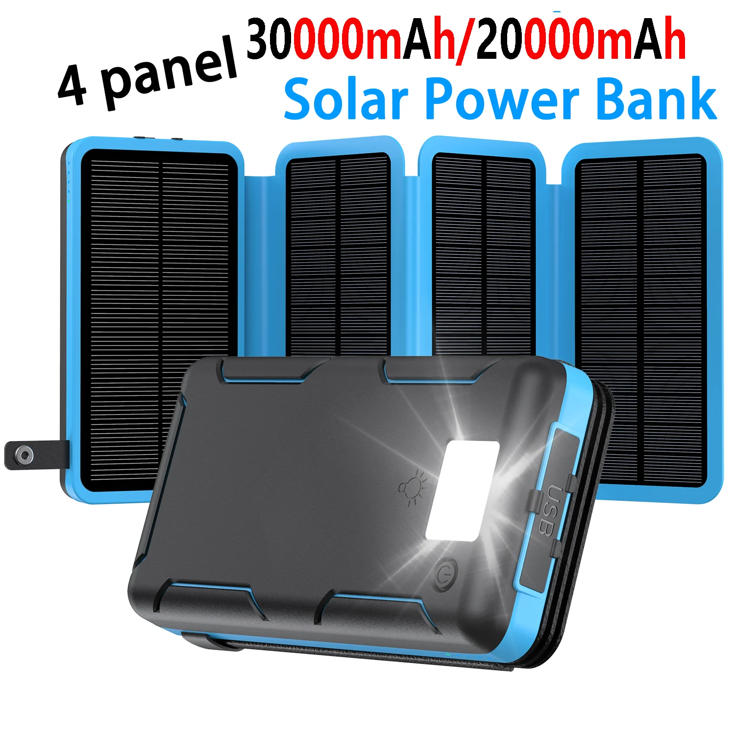 30000mAh/20000mAh 5V DC Flip Panel Solar Power Bank Charger USB Dual Charging Solar/Type-C Portable for Camping Mobile Device