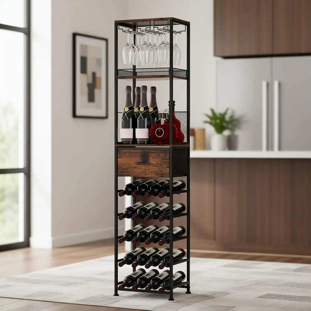 

Напольная винная полка на 40 бутылок с держателем для бокалов, высокая полка для демонстрации бутылок с алкоголем, регулируемые ножки, черная/под старину