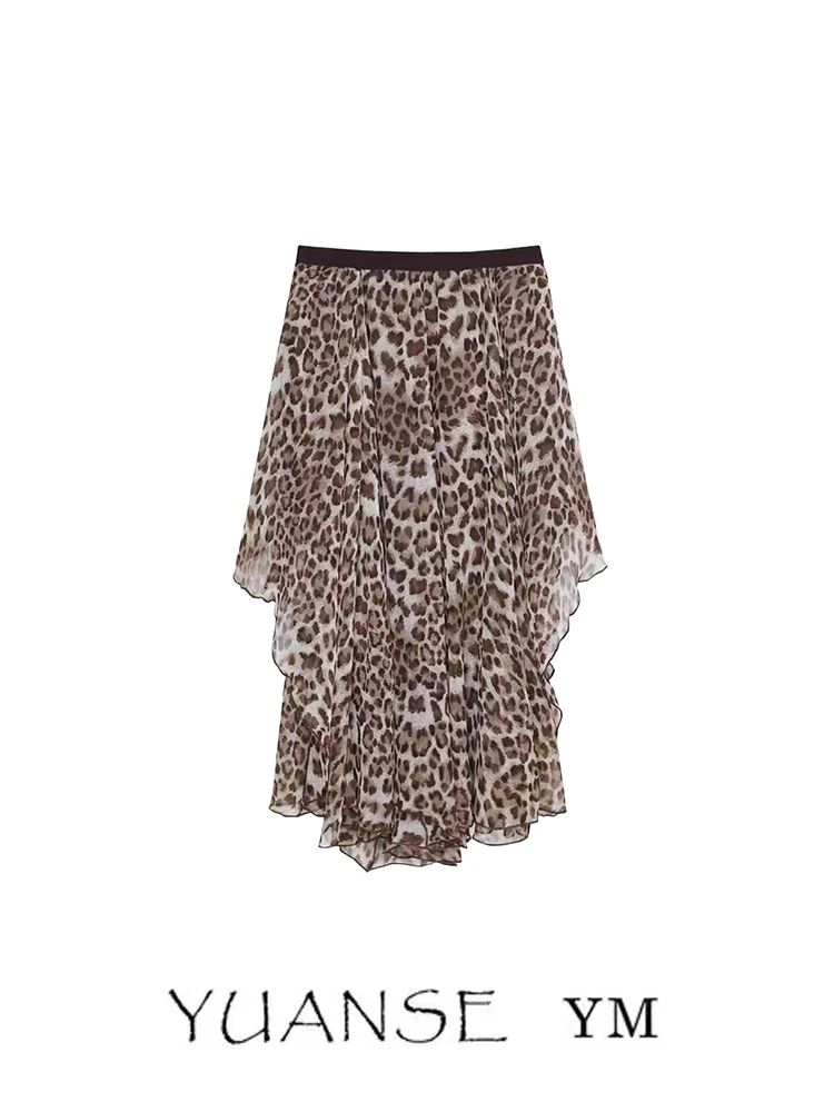 Wild Muse 2025 Autumn New Leopard Print Splicing Draped Asymmetrical Midi Skirt Women's Irregular Half-length Skirt