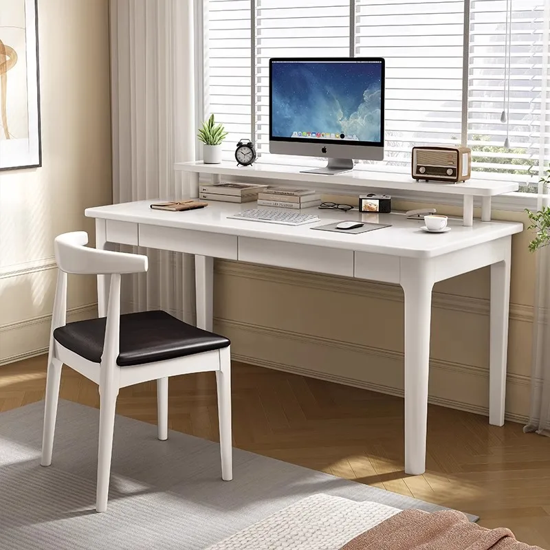 Nordic solid wood desktop computer desk with bookshelf, simple household student writing desk with keyboard stand for school use