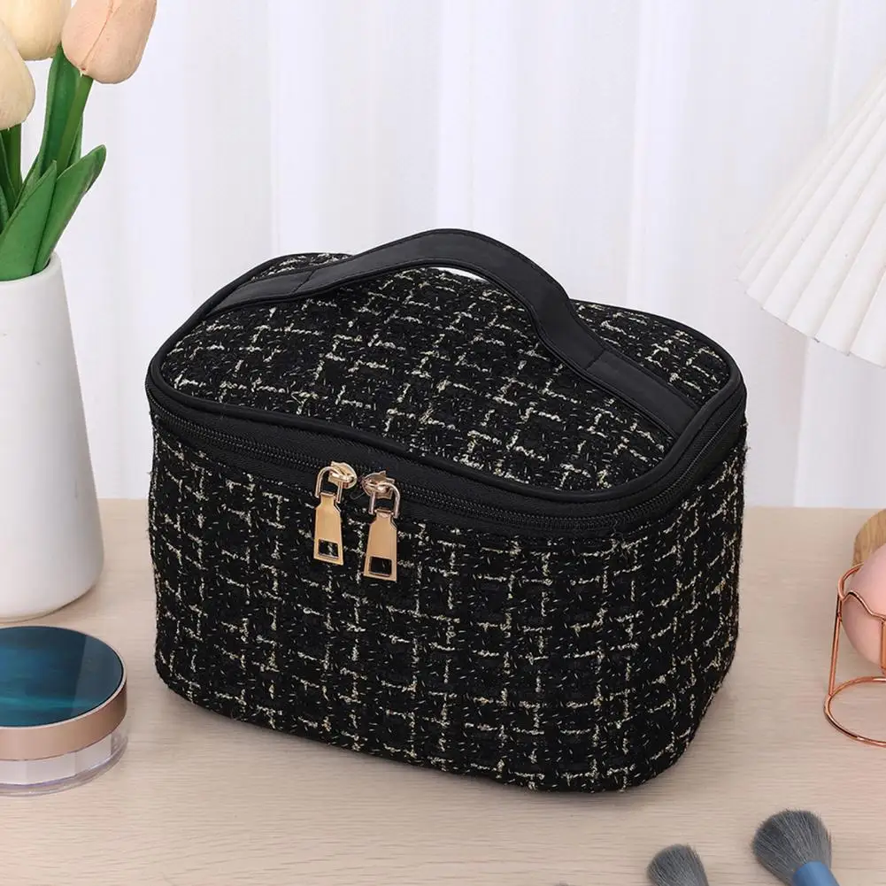 

Durable Cosmetic Pouch Plaid Texture Cosmetic Bag Set with Zipper Closure Mesh Pockets Capacity Retro Makeup for Travel