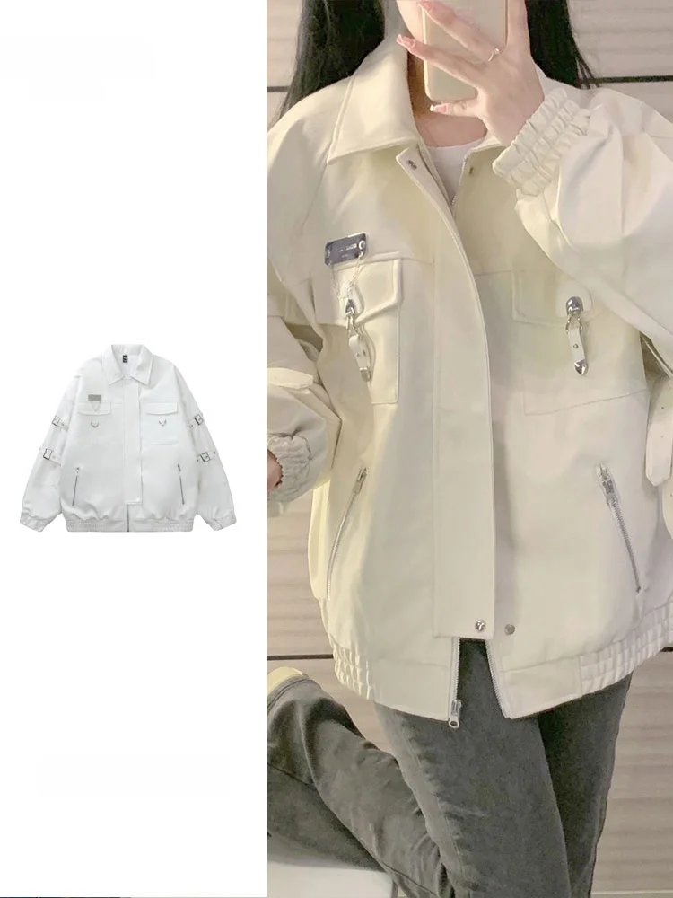 Large Size Beige PU Leather Jacket Women's 2026 Spring Autumn New Design Unique Ring Buckle Motorcycle Style Coat