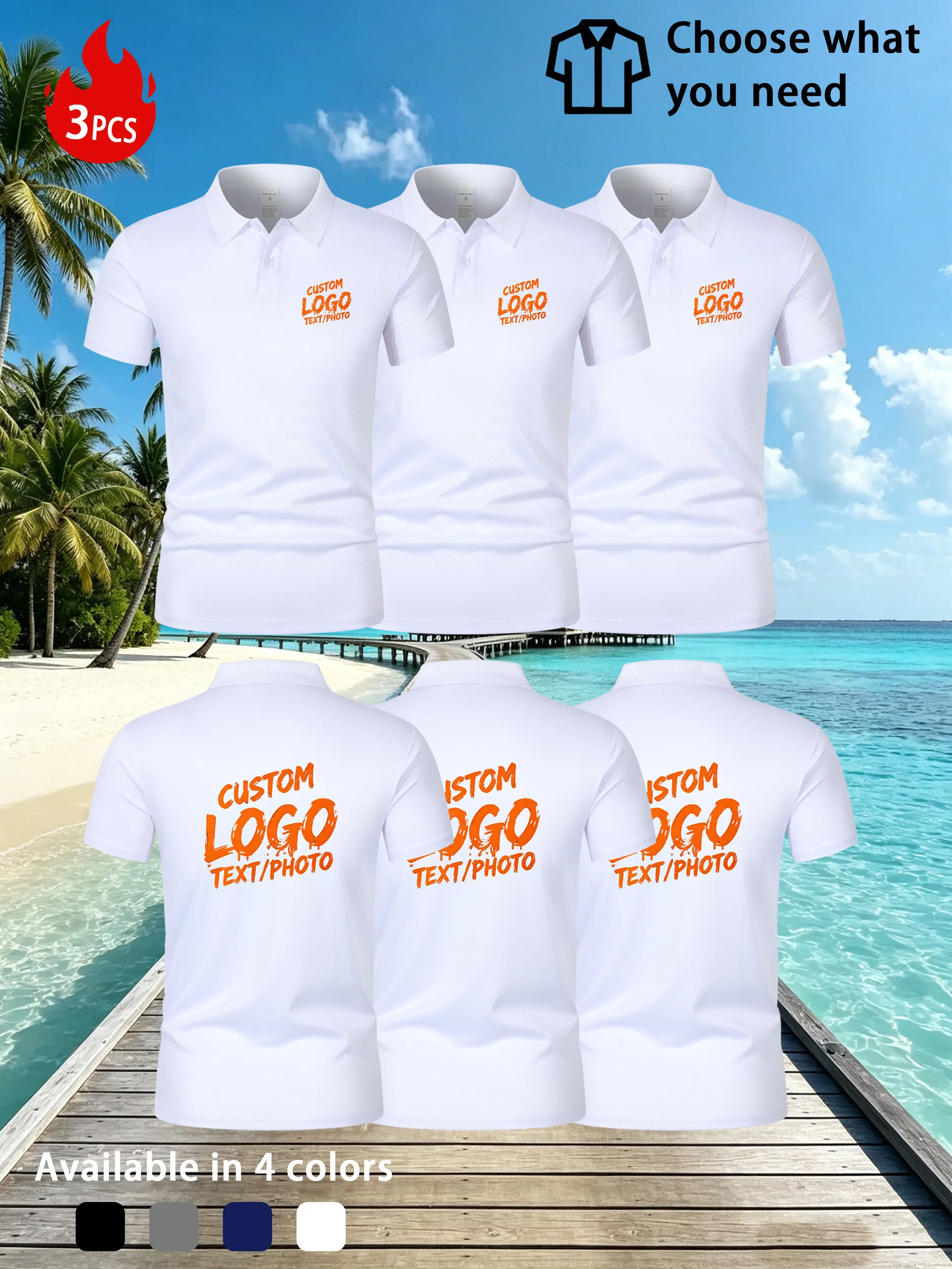 [3pcs Set] [Custom Made] Custom Men'S And Women'S Shirts, Collared Polo Shirts - Upload Your Own Picture Or Logo for Personalize