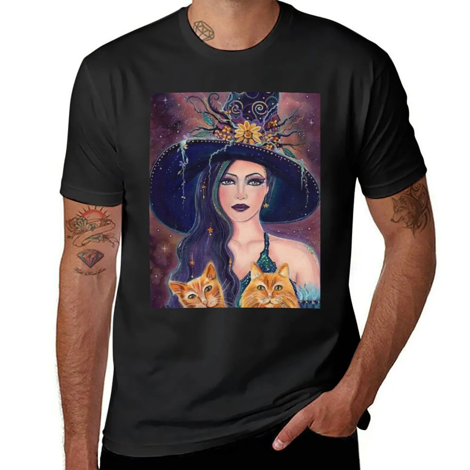 Jinx and Jazz Halloween witch with cats by Renee Lavoie T-Shirt graphics summer tops mens t shirts casual stylish