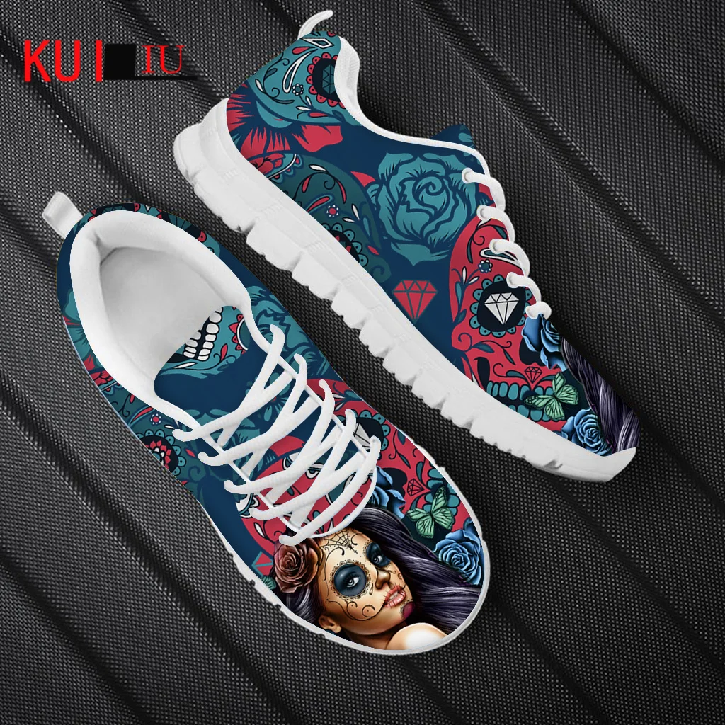 KUILIU Women Lace Up Mesh Sneakers Skull Day of the Dead Vintage Gothic Casual Comfortable Autumn Flats Sugar Skull Floral Shoes