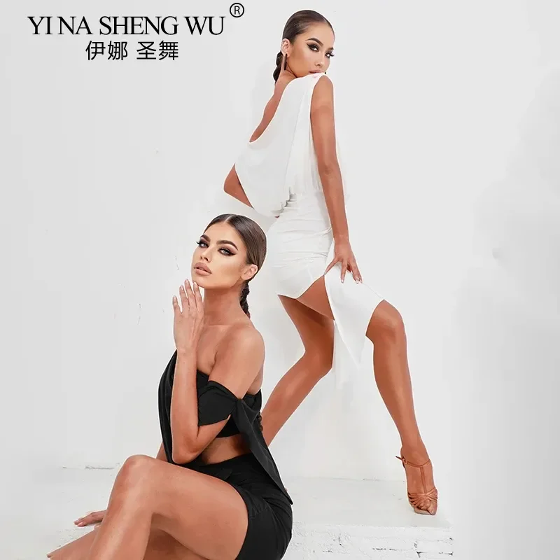 فستان رقص لاتيني للسيدات مثير بحمالات كتف قطرية فستان غير متماثل احترافي للرقص اللاتيني السالسا رومبا ملابس ممارسة الرقص