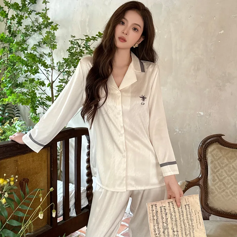 2024 Ice Silk All Season Long Sleeved Pants Luxury Fashionable V-neck High End Pajamas Women Nightgown Satin Ins Style 2piece