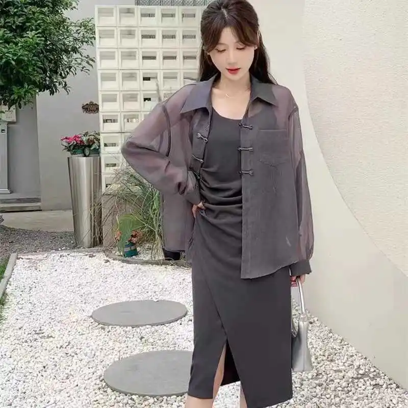 New 2024 Chinese Style Shirt Women's Thin Outerwear Summer Sun Protection Open Cardigan Top  Collar Long Sleeve Polyester