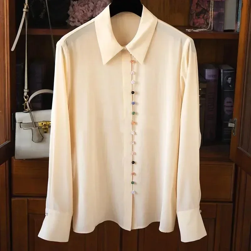 Satin Silk Shirt for Women, Colorful Button Up Shirt, Chic Vintage Blouse, Elegant and Casual, White Tops, 2024 Spring New 18834