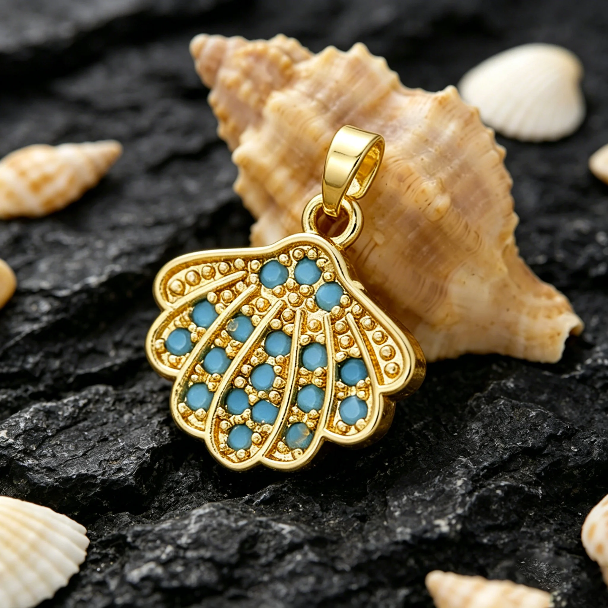 2 Stück blaue Zirkonia-Ozean-Anhänger in Seestern- und Muschelform, Melonen-Anhänger für DIY-Halsketten, Ohrringe, Schmuckherstellung, Bastelbedarf – Detail 4