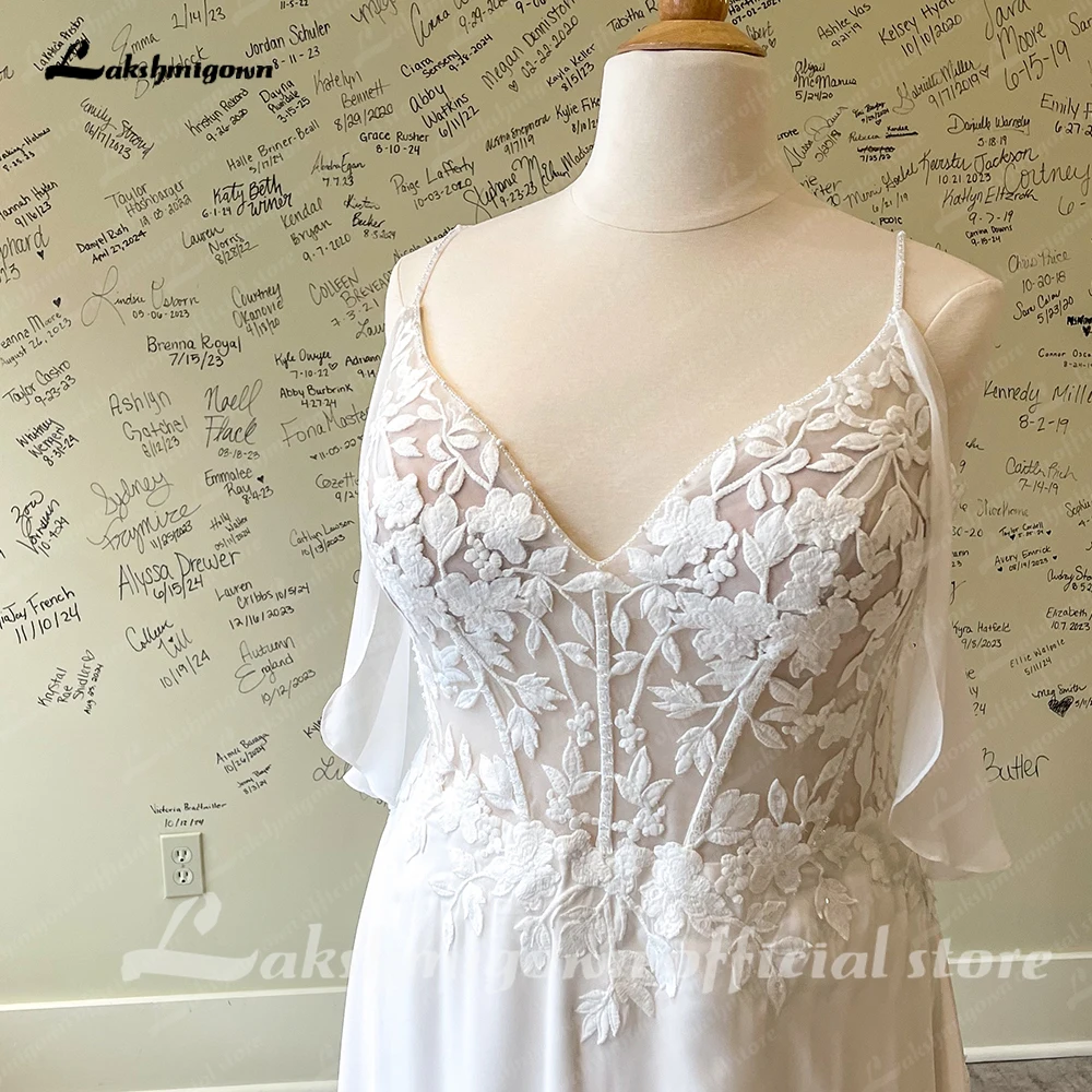 Lakshmigown Spitzen-Chiffon-Brautkleid mit offenem Rücken und V-Ausschnitt für die Braut, maßgeschneidertes Damen-Brautkleid mit Hofschleppe, vestidos de novia par – Detail 7