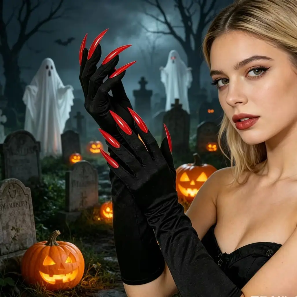 1pair Long Black Elastic Fabric Gloves Integrated Sharp Red Claw Nails Halloween Cosplay Costume Accessory Multi Color Claw Design Witch Vampire Character Role Play Stage Decor