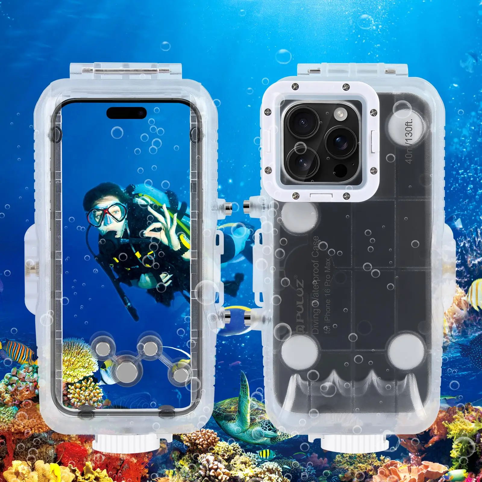 

For iPhone 16 Pro Max PULUZ 40m/130ft Waterproof Diving Case Photo Video Taking Underwater Housing Cover
